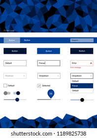 Dark BLUE vector style guide with triangles. Decorative ui kit design in abstract style with colorful crystals. This sample is for your landing page.