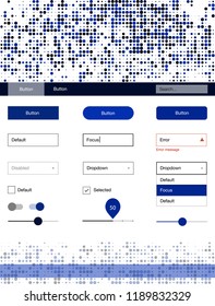 Dark BLUE vector style guide with circles. Beautiful ui ux kit with colorful dots in its header. This sample is for your website.