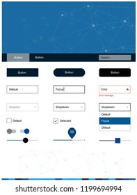 Dark BLUE vector style guide with triangles, circles. Ui Ux kit with colorful polygonal background in its header. This sample is for your landing page.