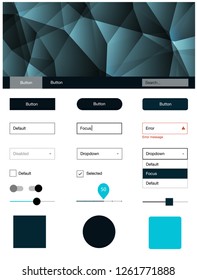 Dark BLUE vector style guide with triangles. Web ui kit with abstract gradient triangles in its header. This sample is for your landing page.