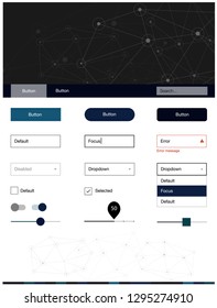 Dark BLUE vector style guide with triangles, circles. Ui Ux kit with colorful polygonal background in its header. Modern template for your landing page.