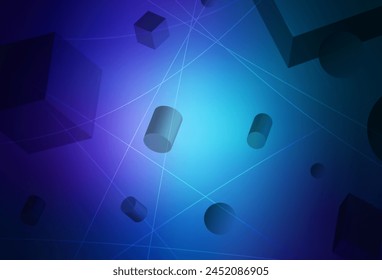 Dark BLUE vector template with 3D cubes, cylinders, spheres, rectangles. Вesign in abstract style with geometric figures. Modern design for a business card.