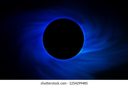 Dark BLUE vector template with a black hole, space. Colorful black hole with shining night sky stars. Backdrop for super sales on Black Friday.