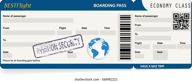 Dark blue vector template of boarding pass ticket. Concept of trip or travel