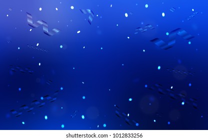 Dark BLUE vector template with carnival confetti. Decorative shining illustration with ribbons on abstract template. New design for ad, poster, banner of your Party.
