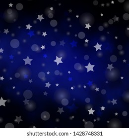 Dark BLUE vector template with circles, stars. Glitter abstract illustration with colorful drops, stars. Design for textile, fabric, wallpapers.