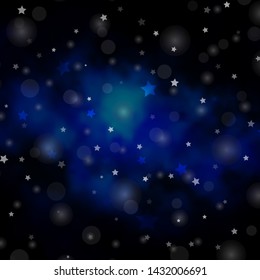Dark BLUE vector template with circles, stars. Colorful disks, stars on simple gradient background. Template for business cards, websites.