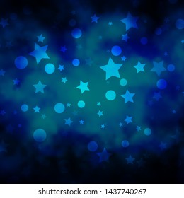 Dark BLUE vector template with circles, stars. Abstract illustration with colorful shapes of circles, stars. Texture for window blinds, curtains.