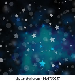 Dark BLUE vector template with circles, stars. Glitter abstract illustration with colorful drops, stars. Texture for window blinds, curtains.
