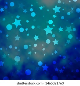 Dark BLUE vector template with circles, stars. Illustration with set of colorful abstract spheres, stars. Design for textile, fabric, wallpapers.
