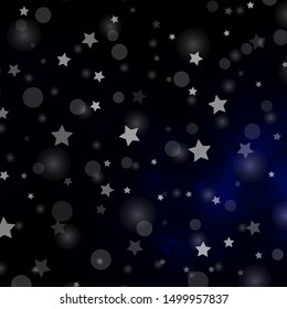 Dark BLUE vector template with circles, stars. Abstract illustration with colorful spots, stars. Pattern for design of fabric, wallpapers.