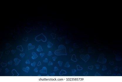 Dark BLUE vector template with doodle hearts. Hearts on blurred abstract background with colorful gradient. Template for Valentine's greeting postcards.