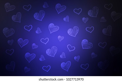 Dark BLUE vector template with doodle hearts. Blurred decorative design in doodle style with hearts. Beautiful design for your business advert of anniversary.