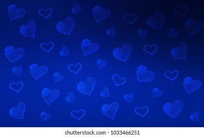 Dark BLUE vector template with doodle hearts. Beautiful colored illustration with hearts in celebration style. Pattern for carnival, festival romantic leaflets.