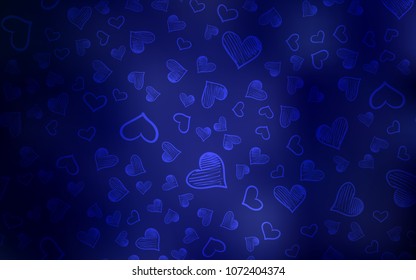 Dark BLUE vector template with doodle hearts. Blurred decorative design in doodle style with hearts. Pattern can be used for valentine's ad, booklets.