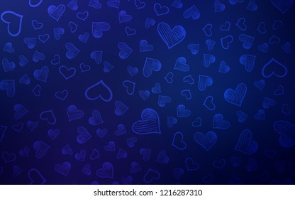 Dark BLUE vector template with doodle hearts. Hearts on blurred abstract background with colorful gradient. Pattern for carnival, festival romantic leaflets.