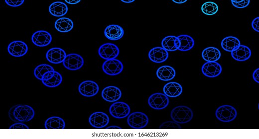 Dark BLUE vector template with esoteric signs. Colorful vintage illustration with gradient alchemy shapes. Simple base for your occult design.