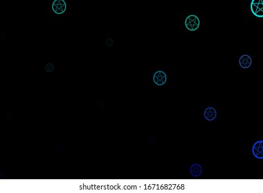 Dark BLUE vector template with esoteric signs. Colorful vintage illustration with gradient alchemy shapes. Simple design for occult depiction.