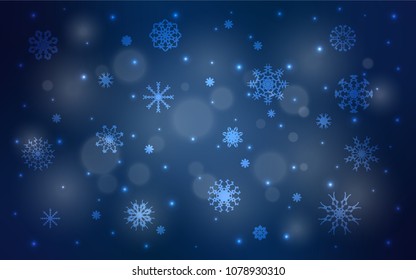 Dark BLUE vector template with ice snowflakes. Snow on blurred abstract background with gradient. The pattern can be used for new year ad, booklets.