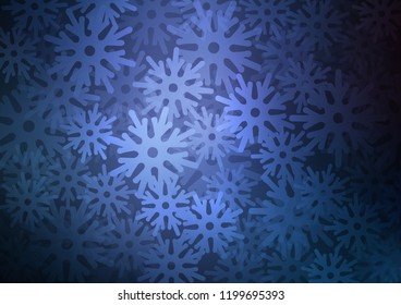 Dark BLUE vector template with ice snowflakes. Decorative shining illustration with snow on abstract template. The template can be used as a new year background.