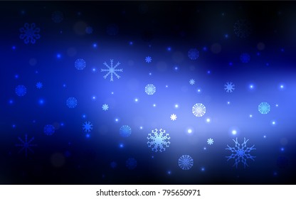 Dark BLUE vector template with ice snowflakes. Snow on blurred abstract background with gradient. The pattern can be used for new year leaflets.
