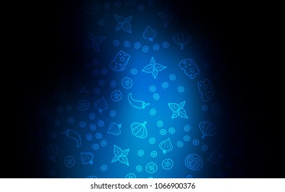 Dark BLUE vector template with organic meal. Fast Food on blurred abstract background with colorful gradient. Pattern for menu of cafes, bars, restaurants.