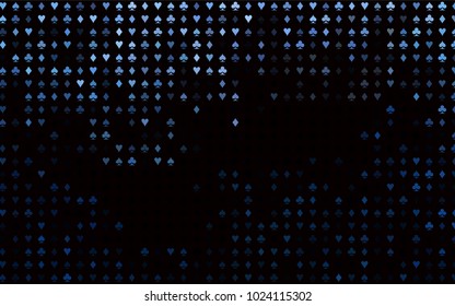 Dark BLUE vector template with poker symbols. Colorful gradient with signs of hearts, spades, clubs, diamonds. Pattern for booklets, leaflets of gambling houses.