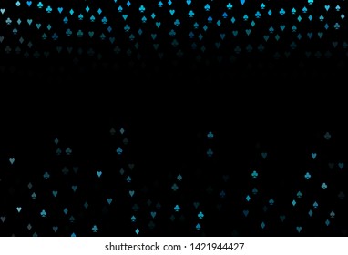 Dark BLUE vector template with poker symbols. Shining illustration with hearts, spades, clubs, diamonds. Template for business cards of casinos.
