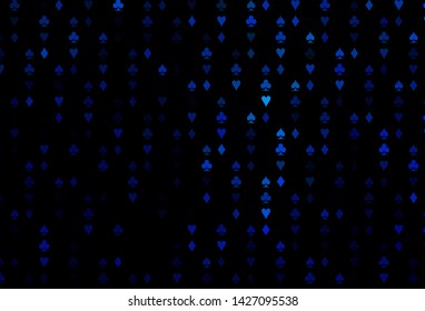 Dark BLUE vector template with poker symbols. Colorful gradient with signs of hearts, spades, clubs, diamonds. Pattern for leaflets of poker games, events.