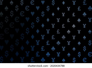 Dunkelblaue Vektorvorlage mit Pokersymbolen. Farbiges Farbverlauf mit Zeichen von Herzen, Pik, Clubs, Diamanten. Muster für Broschüren, Broschüren von Spielhäusern.