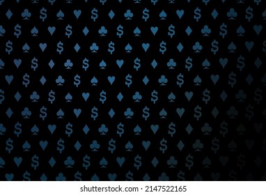 Dark blue vector template with poker symbols. Colored illustration with hearts, spades, clubs, diamonds. Design for ad, poster, banner of gambling websites.