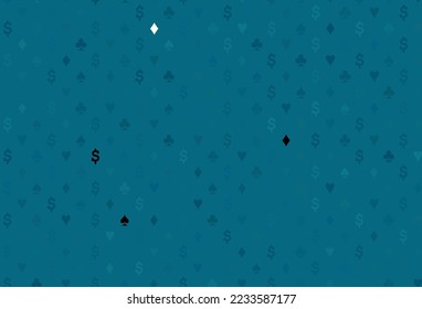Plantilla de vector azul oscuro con símbolos de póquer. Ilustración con un conjunto de corazones, espadas, palos, diamantes. Patrón para anuncios de fiestas, eventos en Las Vegas.