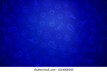 Dark BLUE vector template with sweet snacks. Confections on blurred abstract background with colorful gradient. Pattern for ad, booklets, leaflets of restaurants.