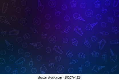 Dark BLUE vector template with sweet snacks. Blurred decorative design of desserts in doodle style. Pattern for ads of breakfast, lunch, dinner.