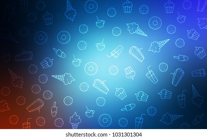 Dark BLUE vector template with sweet snacks. Glitter abstract sketch with sweets, candies, desserts. Template of children's food in cafe.