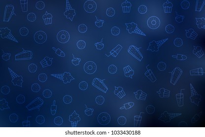Dark BLUE vector template with sweet snacks. Confections on blurred abstract background with colorful gradient. Doodle design for your business advert of cafes.