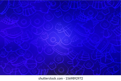Dark BLUE vector template with sweet snacks. Blurred decorative design of desserts in doodle style. Pattern for ad, booklets, leaflets of restaurants.