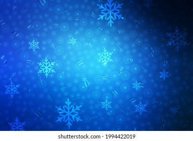 Textura de vector azul oscuro en estilo de cumpleaños. Colorida ilustración con nieve y bolas de Navidad de año nuevo. Mejor diseño para un afiche de la universidad, pancarta.