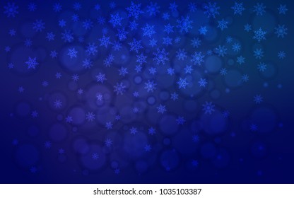 Dark BLUE vector texture with colored snowflakes. Blurred decorative design in xmas style with snow. The pattern can be used for year new  websites.
