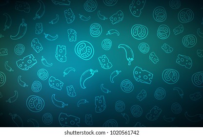 Dark BLUE vector texture with delicious snacks. Fast Food on blurred abstract background with colorful gradient. Pattern for ads of breakfast, lunch, dinner.