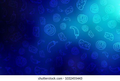 Dark BLUE vector texture with delicious snacks. Blurred decorative design of snacks in doodle style. Doodle design for your business advert of cafes.