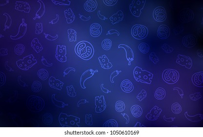 Dark BLUE vector texture with delicious snacks. Fast Food on blurred abstract background with colorful gradient. Pattern for ads of breakfast, lunch, dinner.