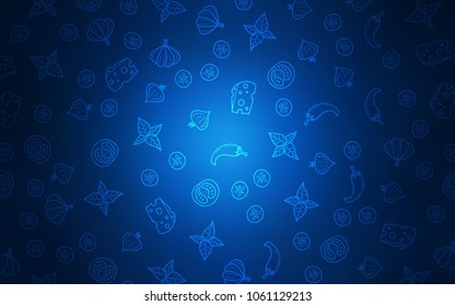 Dark BLUE vector texture with delicious snacks. Illustration with set of fresh food in doodle style. Pattern for menu of cafes, bars, restaurants.