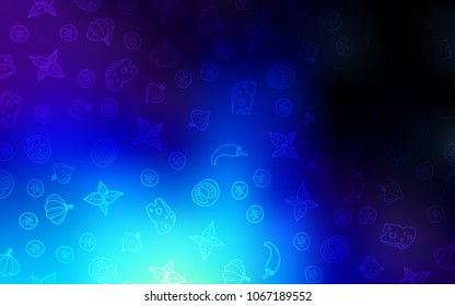 Dark BLUE vector texture with delicious snacks. Beautiful colored illustration with food in doodle style. Doodle design for your business advert of cafes.