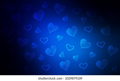 Dark BLUE vector texture with lovely hearts. Blurred decorative design in doodle style with hearts. Pattern can be used for valentine's ad, booklets.