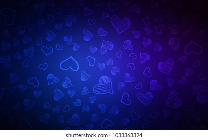 Dark BLUE vector texture with lovely hearts. Hearts on blurred abstract background with colorful gradient. Template for Valentine's greeting postcards.