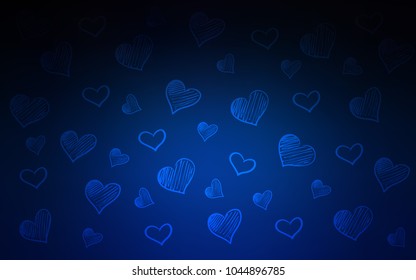 Dark BLUE vector texture with lovely hearts. Hearts on blurred abstract background with colorful gradient. Pattern for marriage gifts, congratulations.