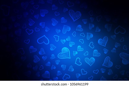 Dark BLUE vector texture with lovely hearts. Blurred decorative design in doodle style with hearts. Design for ad, poster, banner of Valentine Day.