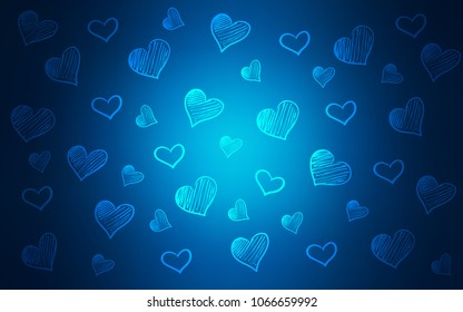 Dark BLUE vector texture with lovely hearts. Glitter abstract illustration with colorful hearts in romantic style. Design for ad, poster, banner of Valentine Day.