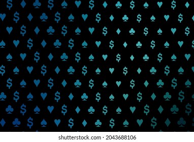 Textura vectorial azul oscuro con cartas de juego. Ilustración con un conjunto de corazones, espadas, palos, diamantes. Plantilla para tarjetas de visita de casinos.